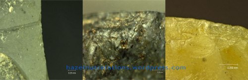 Microscopic use wear traces on three Late Mesolithic scrapers from Arconciel/La Souche, CH. Left to right: Radiolarite, fine-grained quartzite and flint.